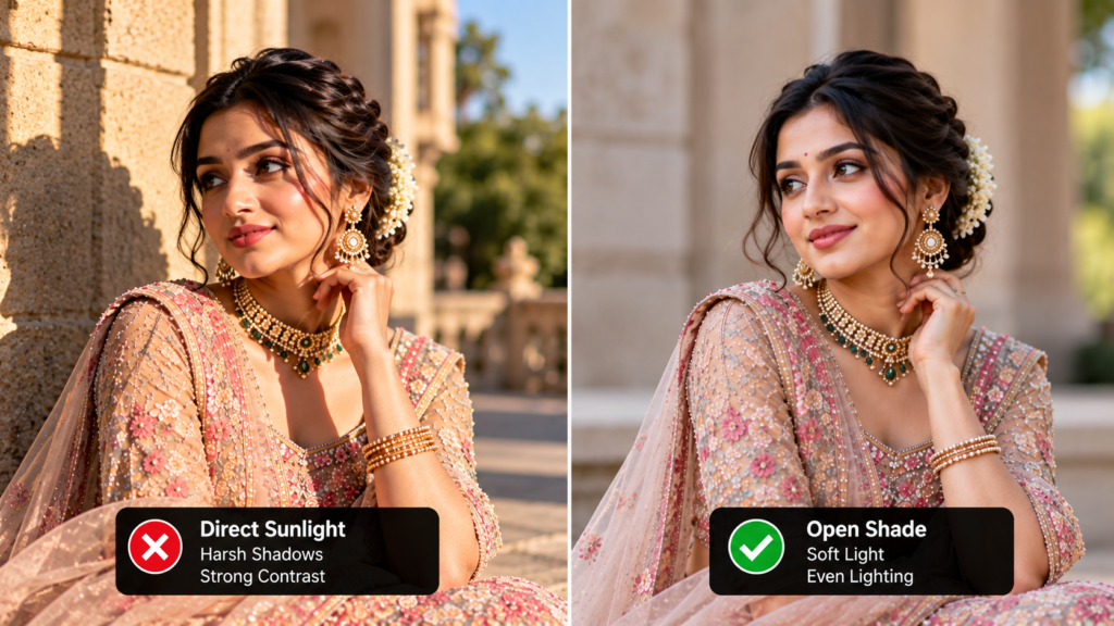 Hard sunlight vs soft open shade portrait lighting comparison