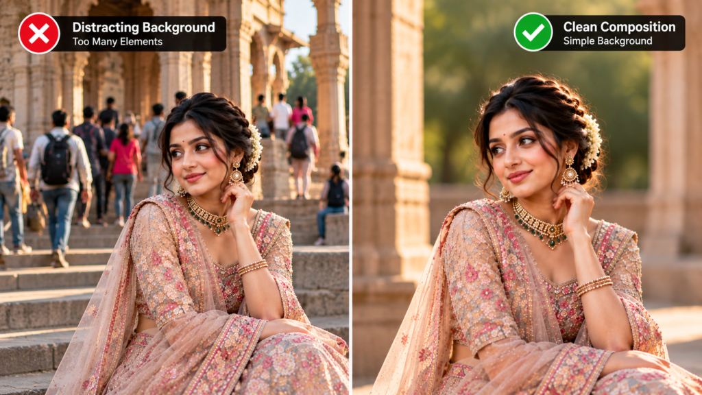 Photography composition comparison showing distracting background versus clean composition