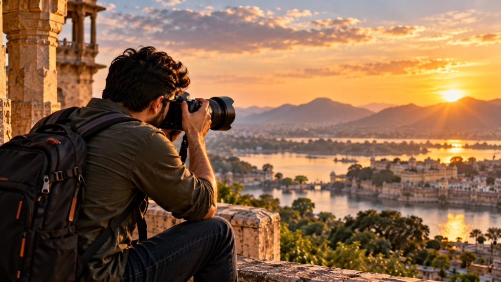 Photographer capturing a golden hour landscape using essential photography skills